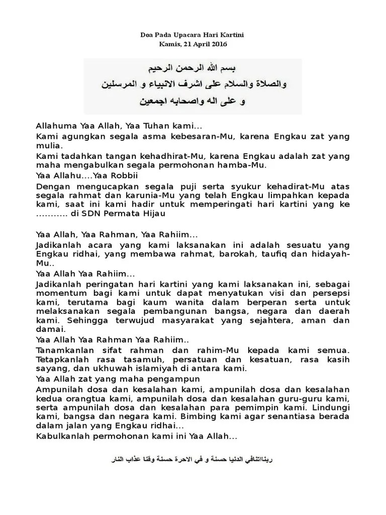 Doa Pada Upacara Hari Kartini Pdf Latar Belakang Hari Kartini yang bertepatan pada tanggal 21 April yang biasanya dirayakandiperingati oleh masyarakat Indonesia dalam rangka untuk menghargai perjuangan RA.