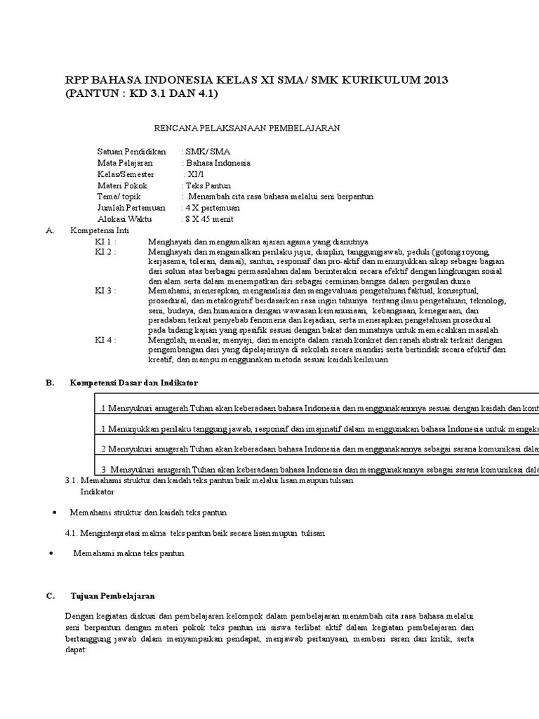 Kurikulum 2013 mata pelajaran bahasa indonesia secara umum bertujuan agar siswa. Rpp Bahasa Indonesia Kelas Xi Sma Smk Ku Pdf