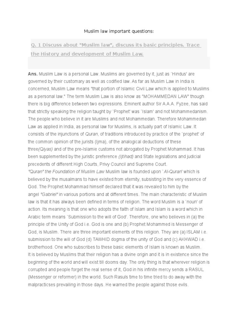 Muslim Law Important Questions | PDF | Marriage | Sharia