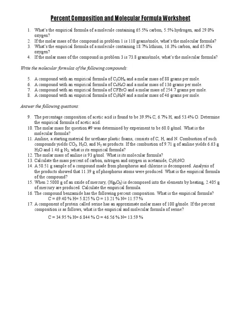 For each problem below, write the equation and show your work. Percent Composition And Molecular Formula Worksheet Pdf Mole Unit Molecules