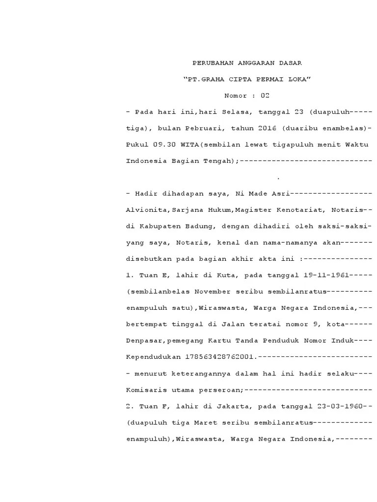Pada hari ini, selasa, tanggal tiga belas oktober. Contoh Akta Perubahan Anggaran Dasar Pdf