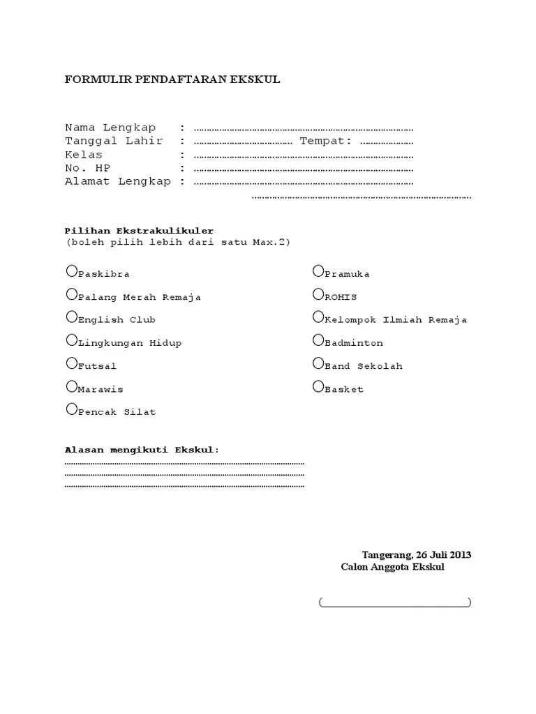 Formulir Pendaftaran Ekskul | PDF