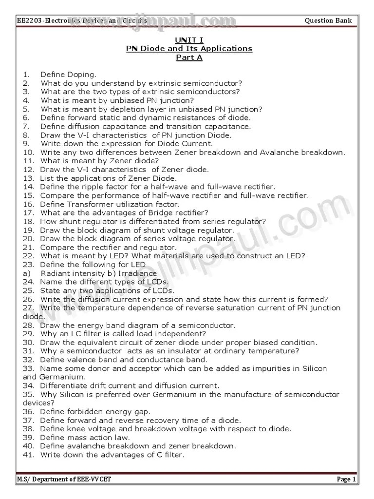 Electronic Devices And Circuits Question Bank PDF | PDF | Field Effect ...