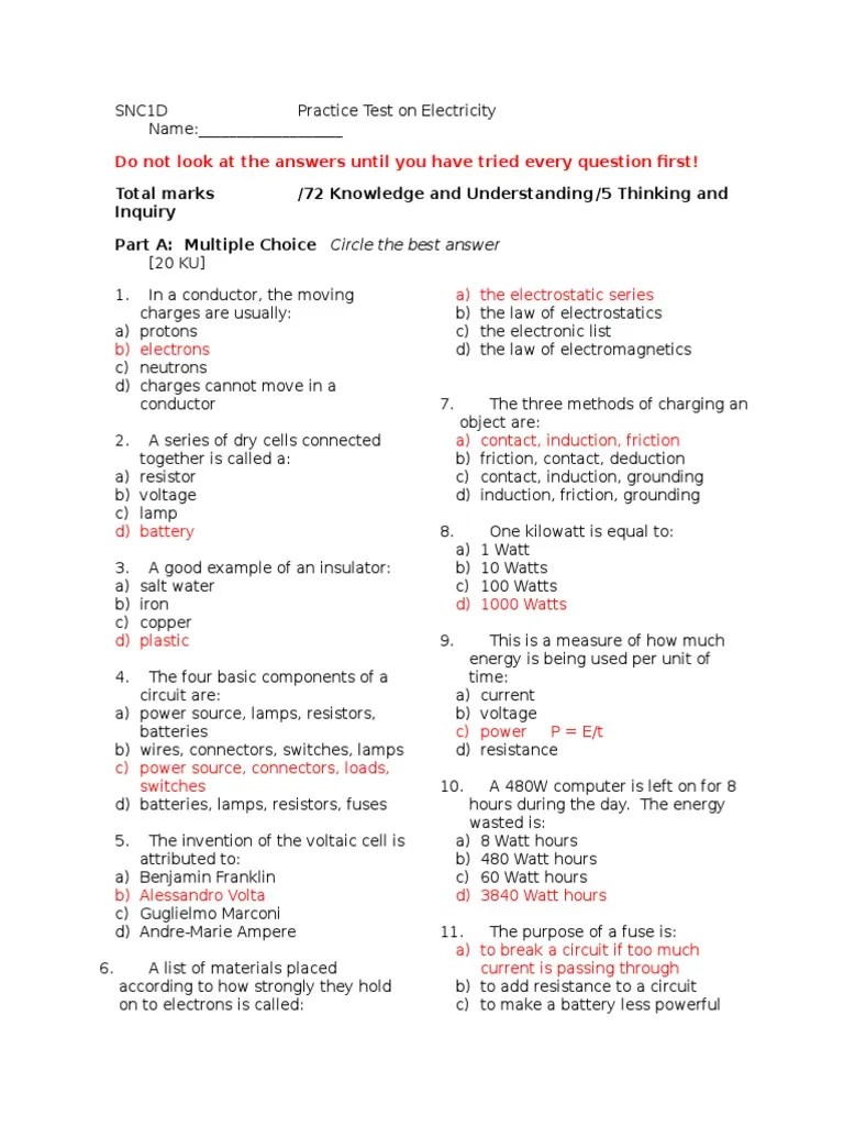 practice unit test answers grade 9 electricity watt volt