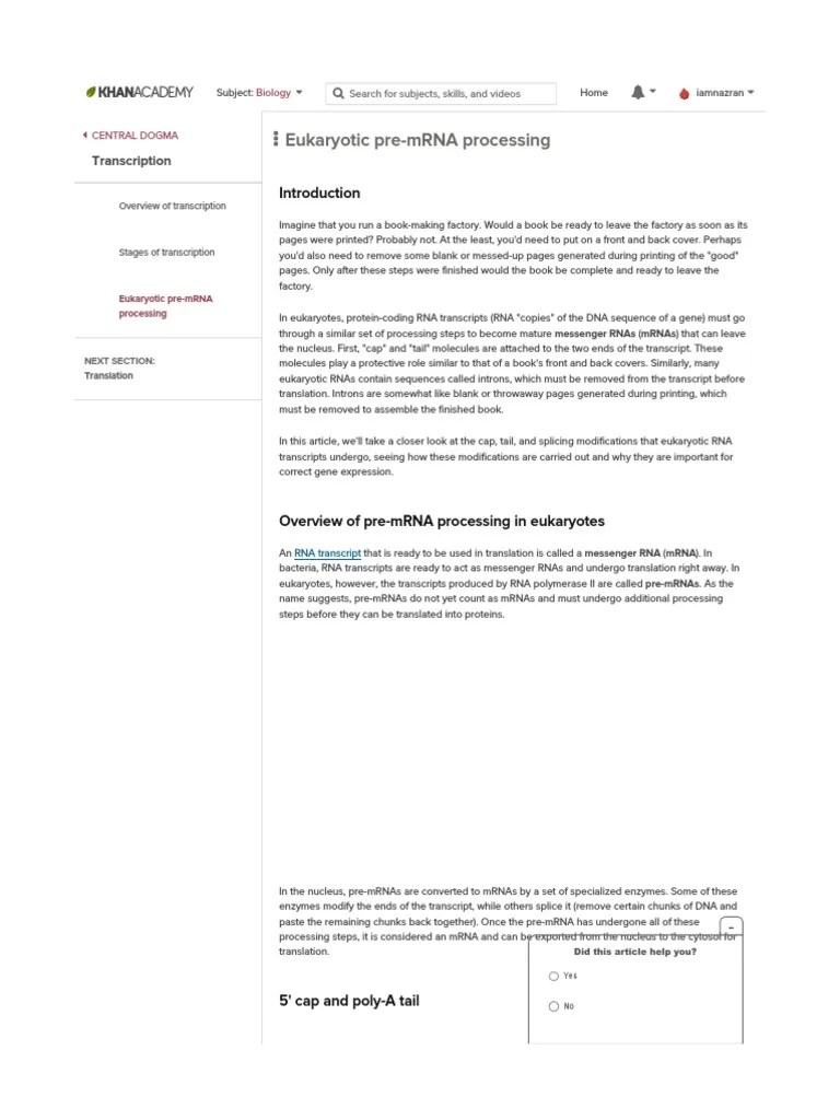 Eukaryotic Pre-mRNA Processing Transcription Khan Academy | PDF ...