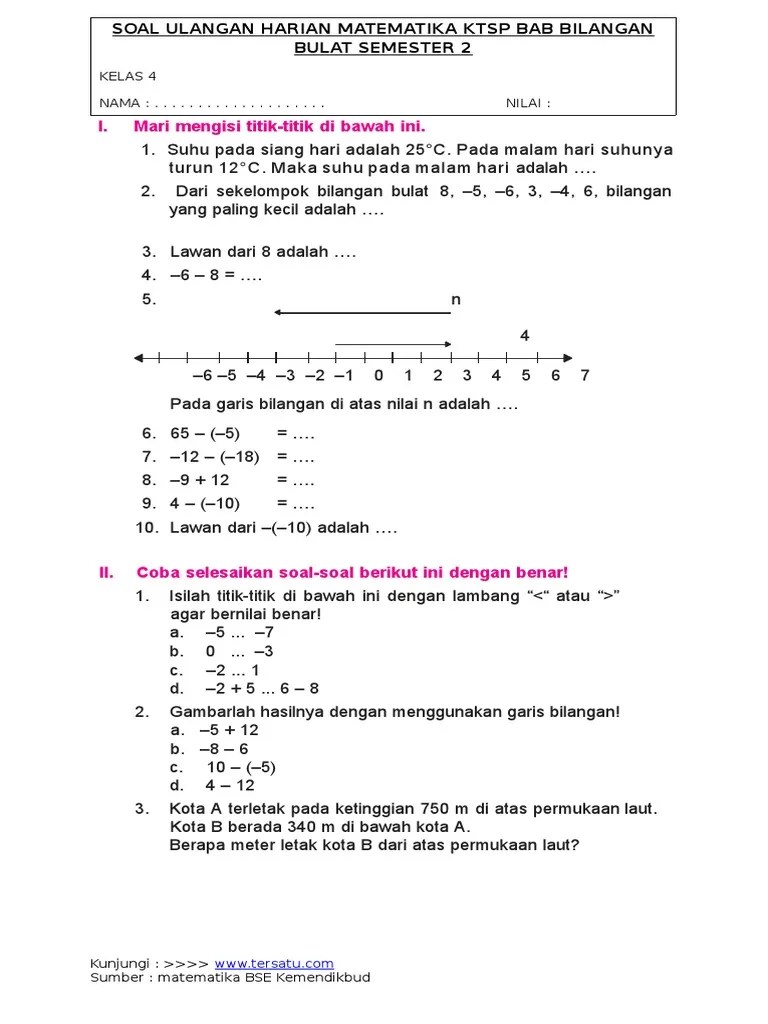 Ulangan harian matematika kelas 6. Soal Ulangan Harian Matematika Kelas 4 Ktsp Bab Bilangan Bulat Smstr Pdf