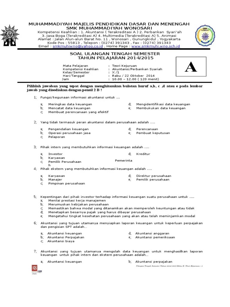 Soal Uts Teori Kejuruan Akuntansi Kelas X Paket A | PDF