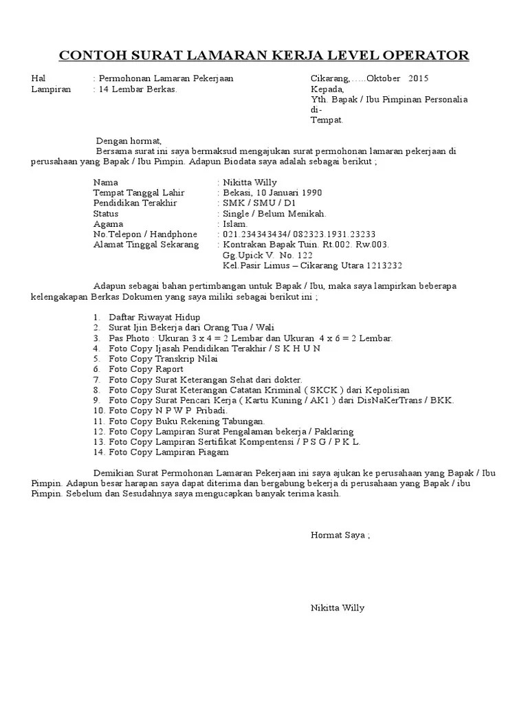 Mau tahu bagaimana contoh surat pengalaman kerja ? Contoh Surat Lamaran Level Operator Pdf