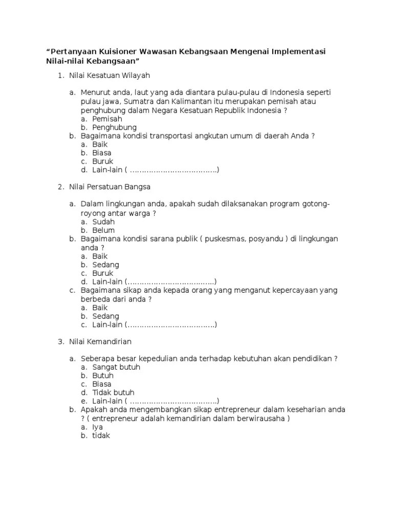 Pertanyaan Kuisioner Wawasan Kebangsaan Mengenai Implementasi Nilai | PDF