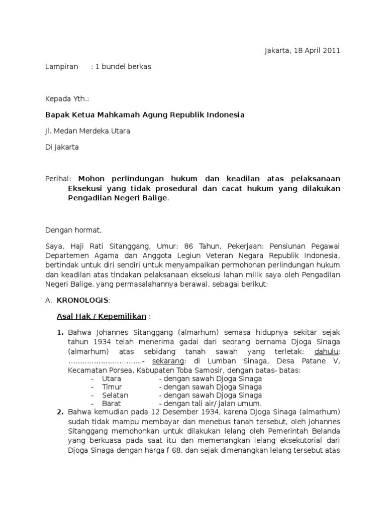 Putusan phi atau putusan kasasi atau perjanjian bersama yang sudah bht (berkekuatan hukum tetap atau ingkrah). Surat Permohonan Perlindungan Hukum HR. Sitanggang