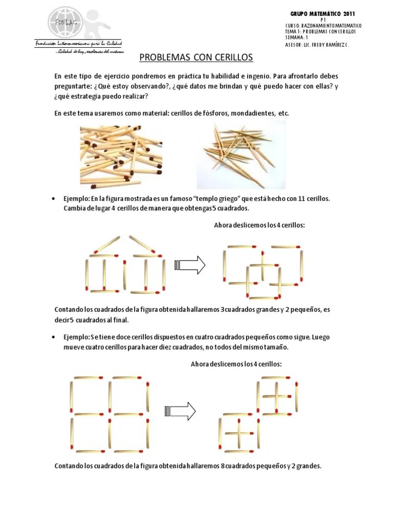 Retos matemáticos con palillos en yo soy tu profe, ponte a prueba con nosotros, tu portal educativo de referencia nacional. Problemas Con Cerillos Palitos De Fosforo Pdf Ensenanza De Matematica Science