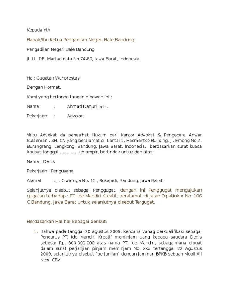 Contoh Surat Jawaban Gugatan Utang Piutang Contoh Surat 