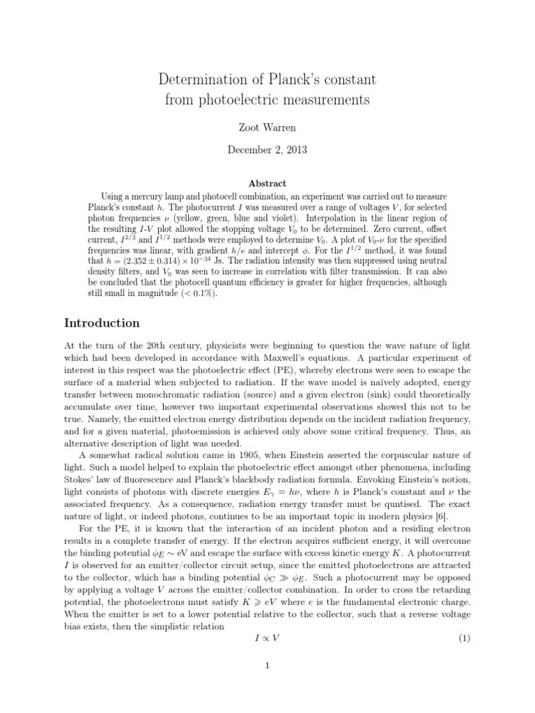 Determination Of Plancks Constant From P PDF | Download Free PDF ...