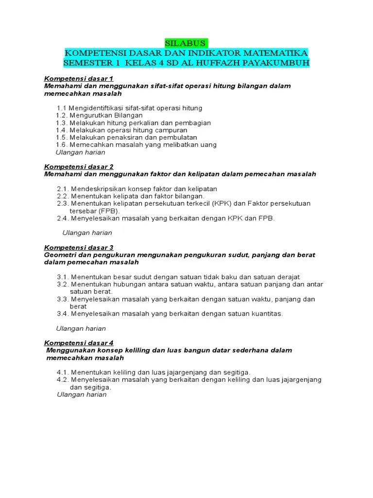 Lks lembar kerja siswa k13 kelas 4 semester 1 matematika revisi 2017, rp7.500. Kompetensi Dasar Dan Indikator Matematika Kelas 4 Pyk Pdf
