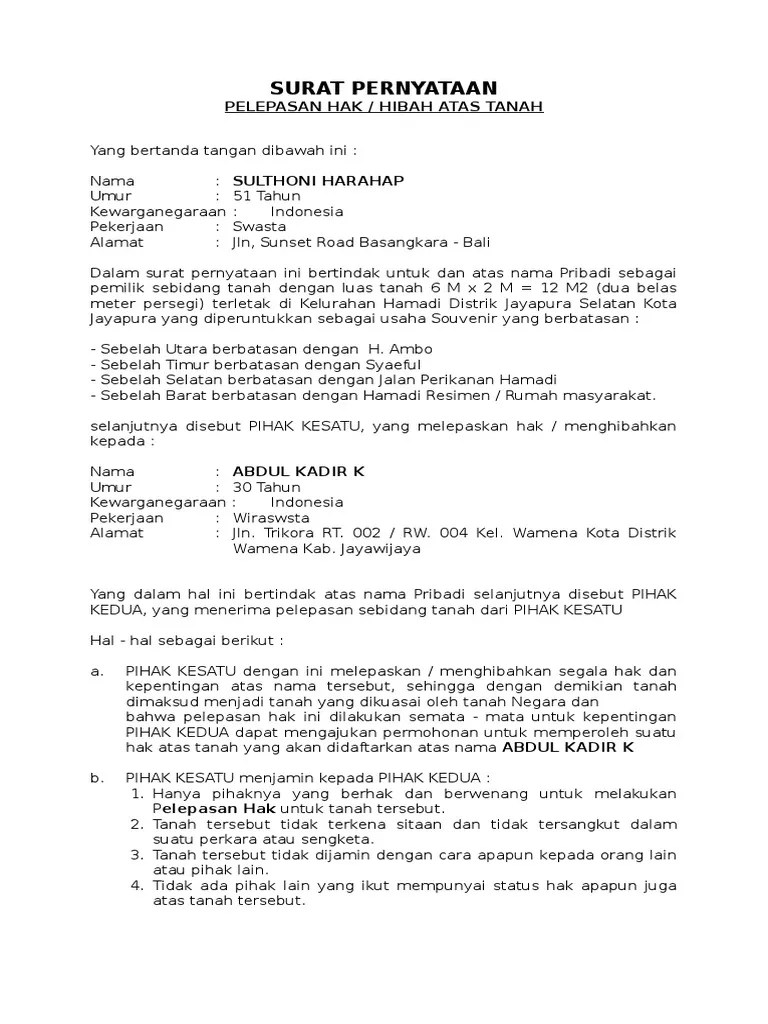 Penyerahan atau pelepasan hak atas tanah untuk keperluan perusahaan. Surat Pelepasan Tanah Pdf