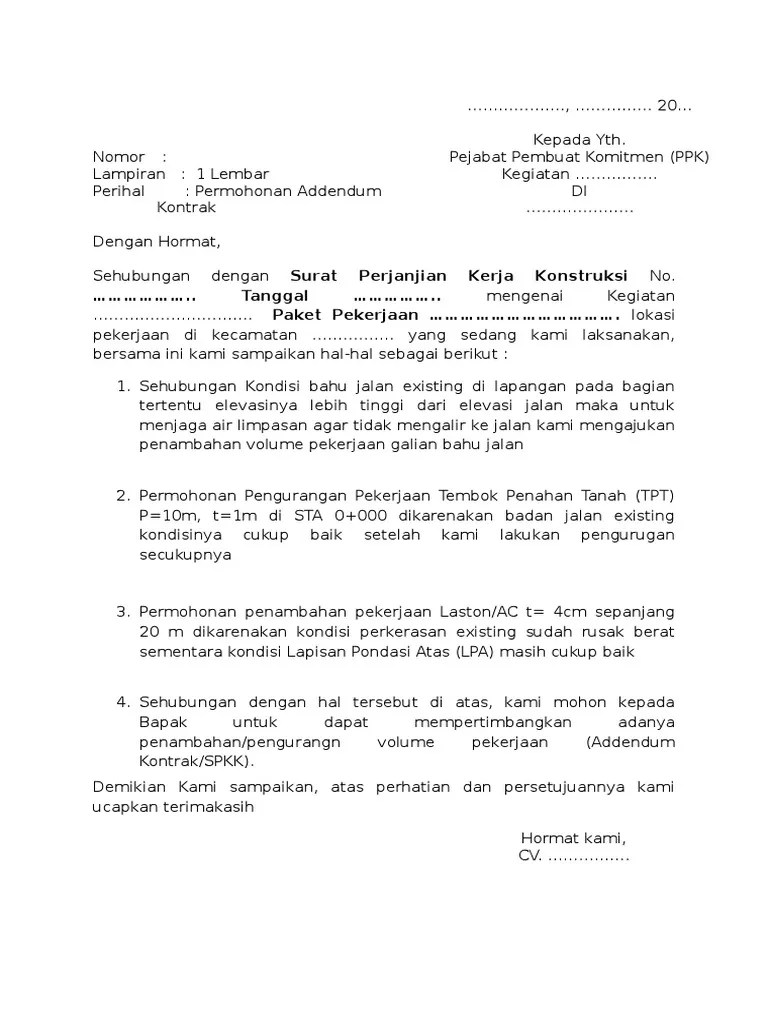 Contoh Surat Permohonan Addendum Perpanjangan Waktu Kontrak Kerja