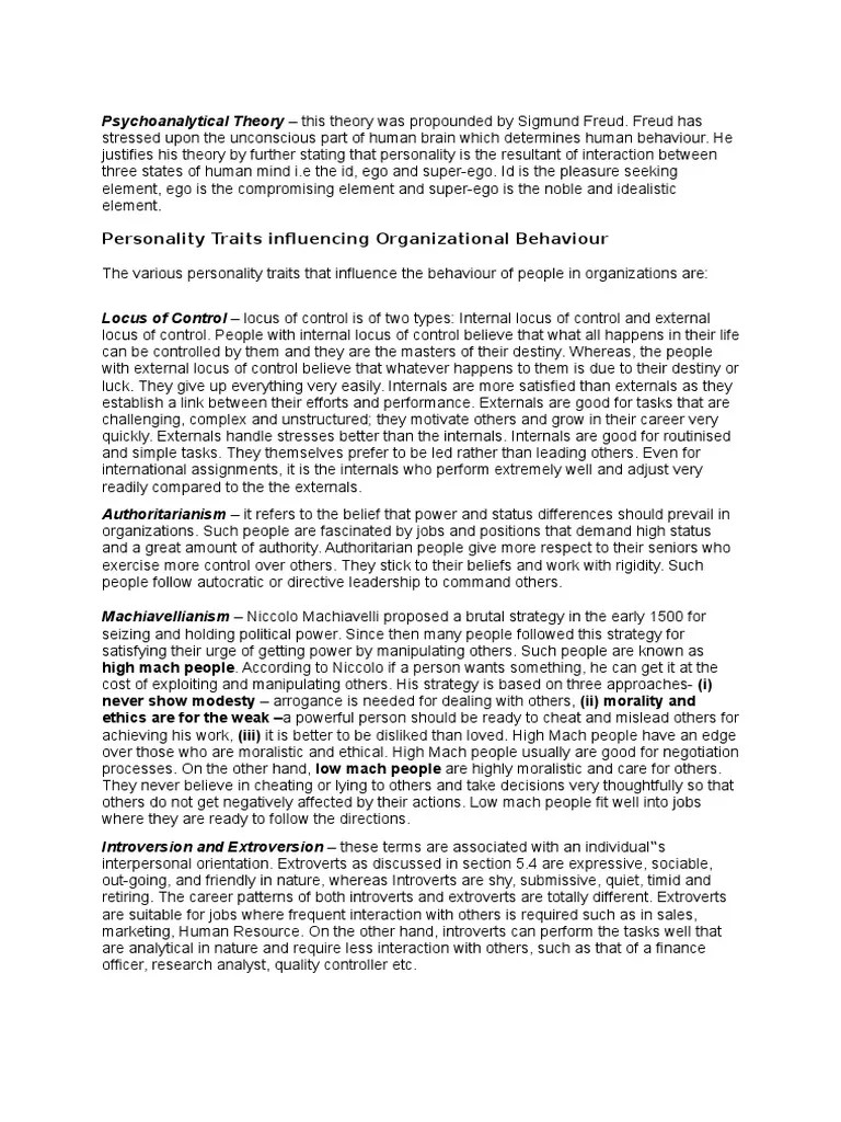 Personality Traits Influencing Organizational Behaviour | PDF | Id ...