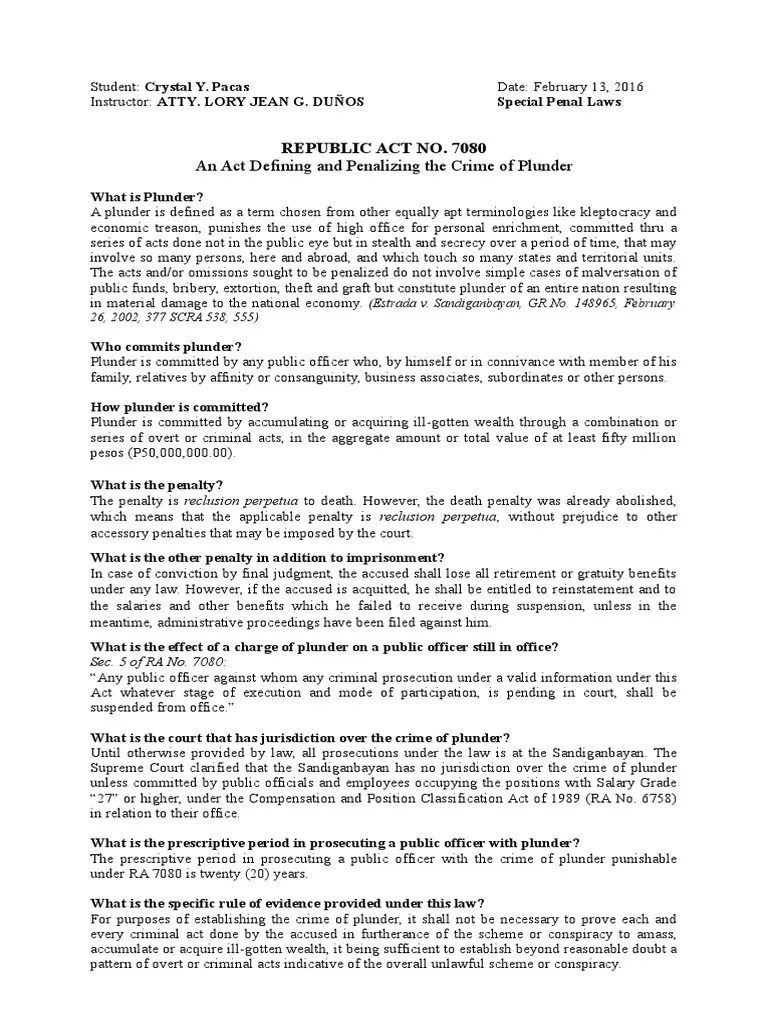 An Act Defining And Penalizing The Crime Of Plunder | PDF | Conspiracy (Criminal) | Reasonable Doubt