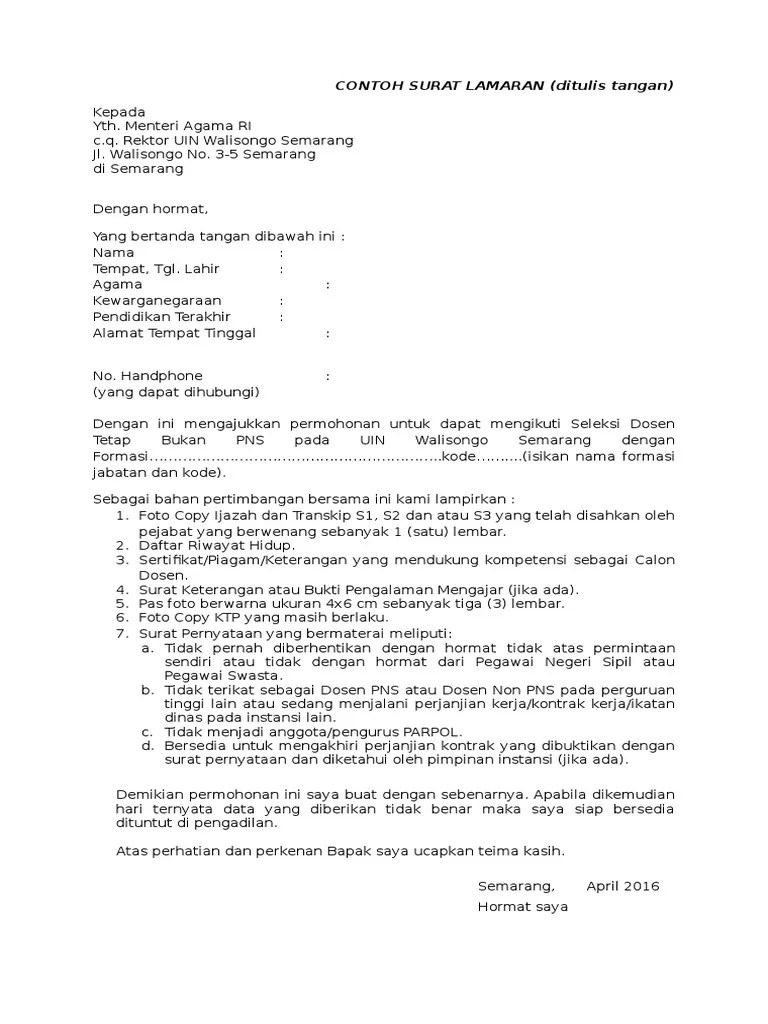 Pada dasarnya membuat surat lamaran kerja tidak sesulit yang dibayangkan, dengan format, contoh dan referensi yang tepat semua. Contoh Surat Lamaran Kerja Dosen Tetap Non Pns Id Lif Co Id
