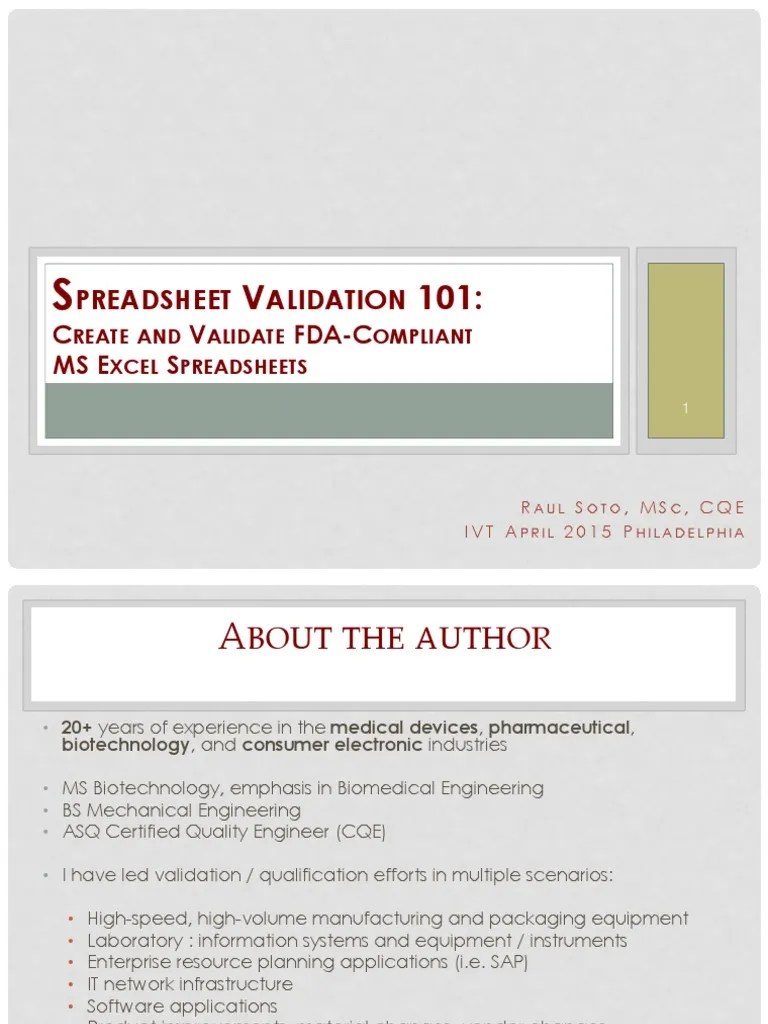 Spreadsheetvalidation101 - Createandvalidatefda-Compliantms Excelspreadsheets | PDF ...