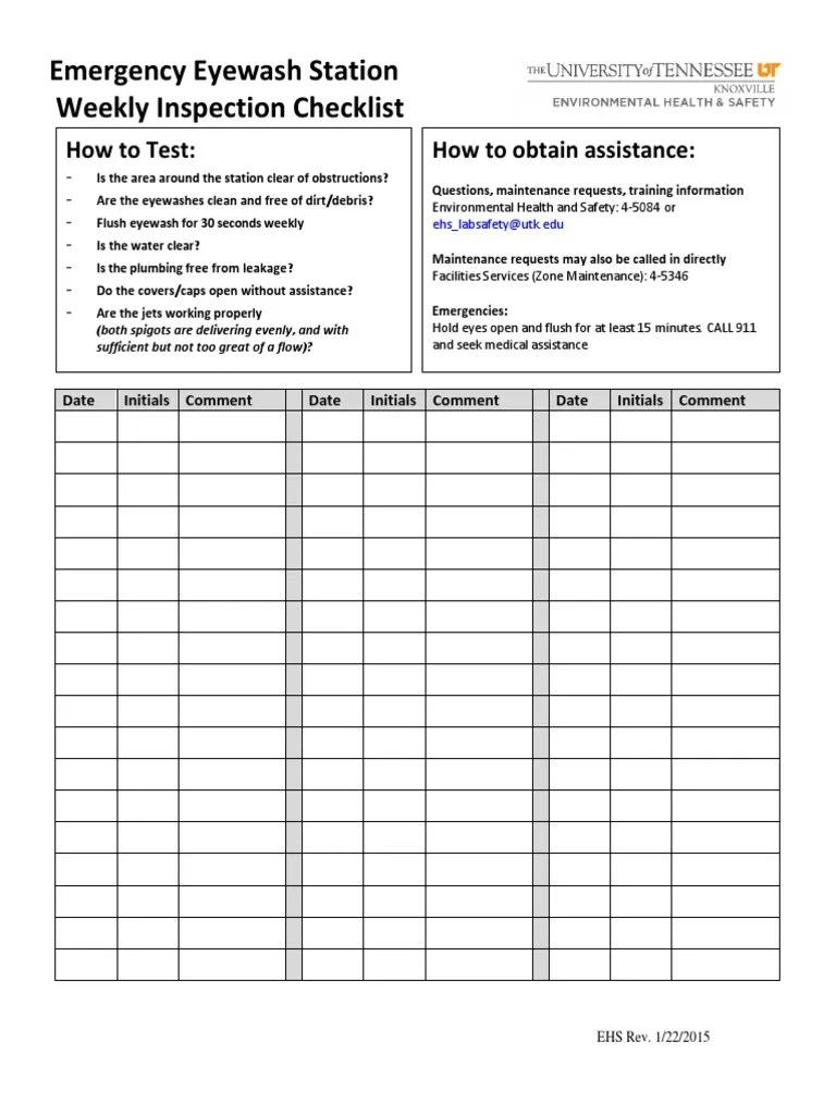 Eye Wash Station Checklist +Spreadsheet - Emergency Eyewash Station Weekly Inspection Checklist: How ...