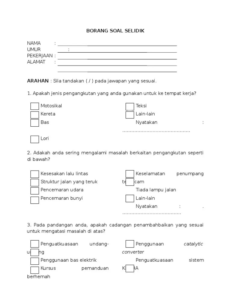 Borang Soal Selidik Geografi Tingkatan 2 Pengangkutan Awam