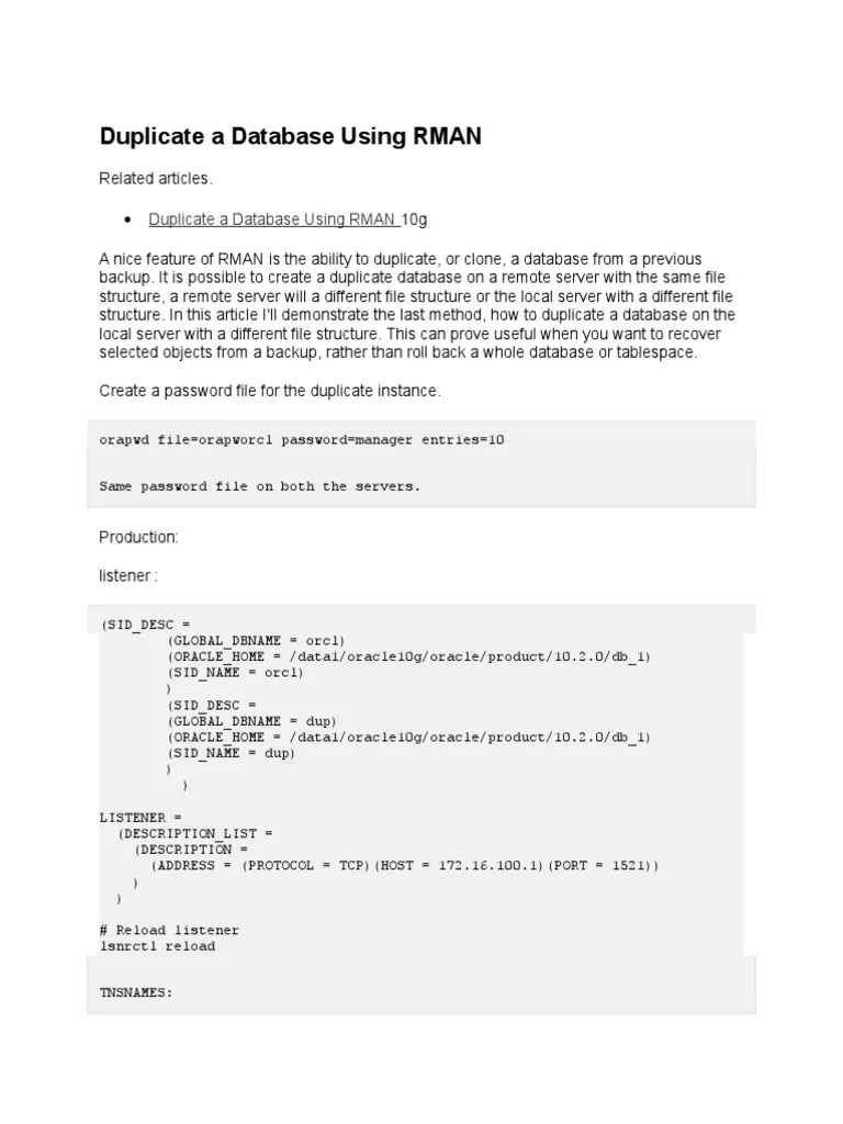 Duplicate A Database Using RMAN 10g | PDF | Oracle Database | Oracle ...