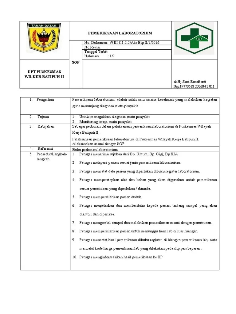 H syarhan, mm karangnunggal nip.19691201 200212 1 004 dr. 8 1 2 2 Sop Pemeriksaan Laboratorium