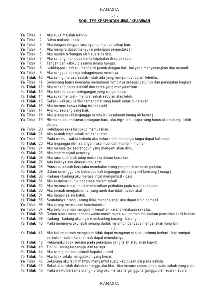 Tes psikologi ini bertujuan untuk mengungkap banyak hal yaitu kecerdasan, ketelitian, kejujuran,. Soal Keswa Pdf