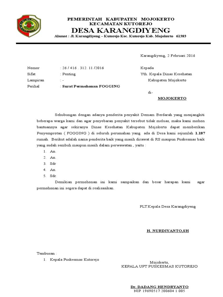 Contoh Surat Permohonan Obat : SURAT PERMOHONAN FOGGING.doc