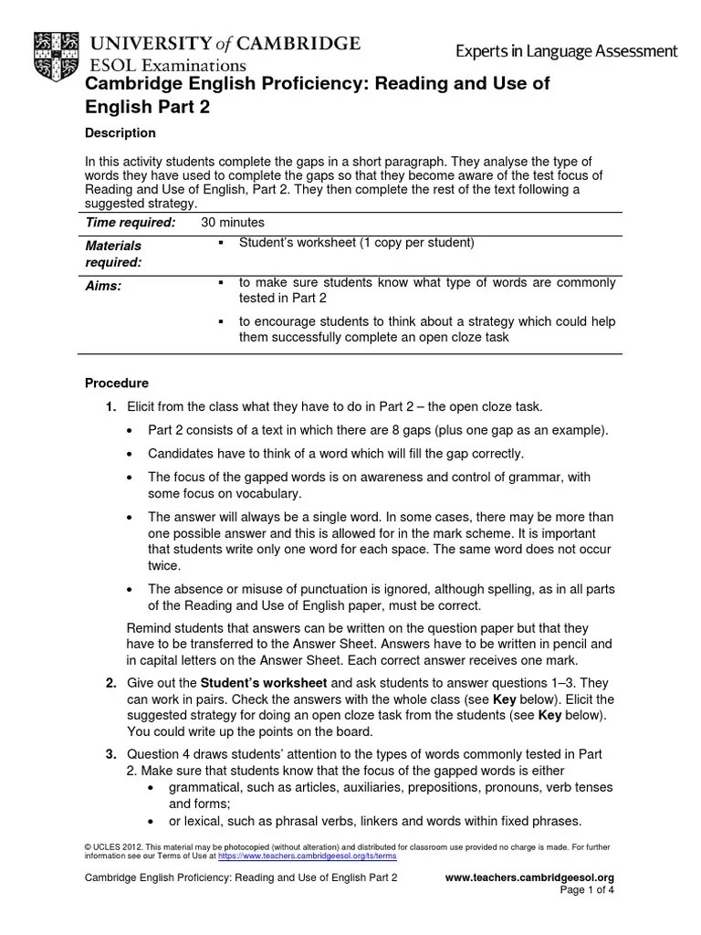 Cambridge English Proficiency Reading And Use Of English Part 2 | PDF ...