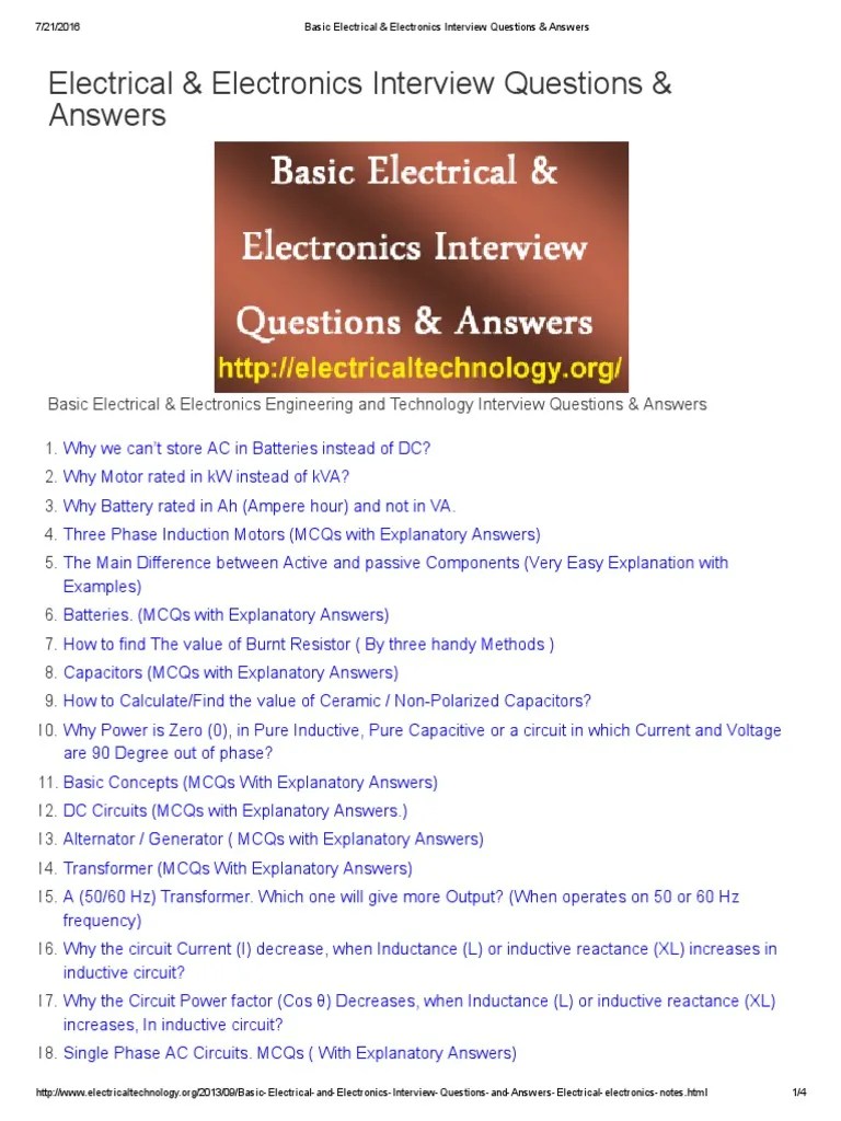 Basic Electrical & Electronics Interview Questions & Answers | PDF ...