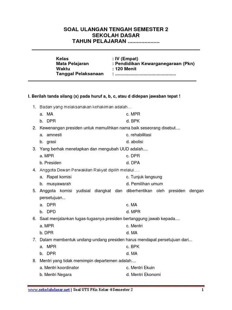 Soal ukk pkn kelas 4 sd. Soal Pkn Kelas 4 Sd Semester 1 Belajar