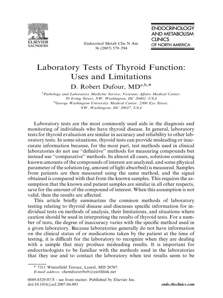 Laboratory Tests Of Thyroid Function - Uses And Limitations PDF | PDF | Thyroid Stimulating ...