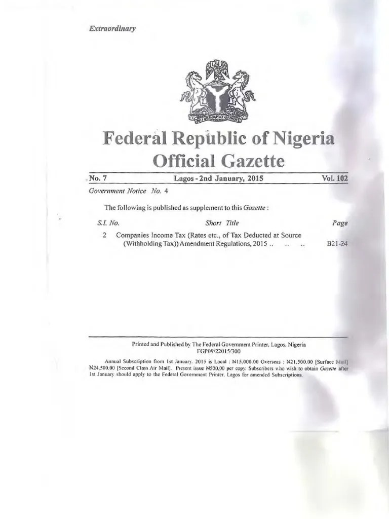 Nigeria Withholding Tax GAZETTE 2015 | PDF | Income Tax | Taxation