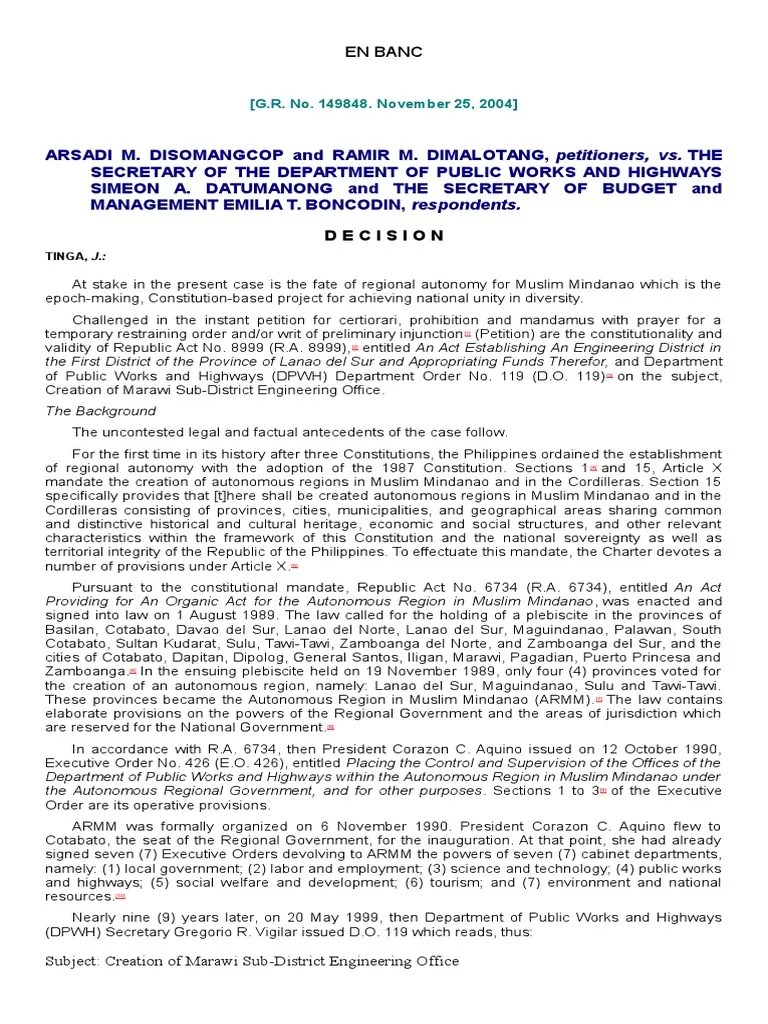 Disomangcop Vs. DPWH | PDF | Government | Constitutional Law