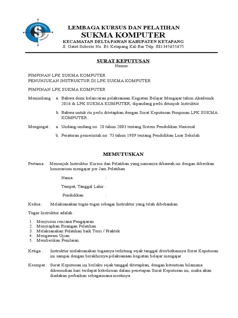 Kurikulum pelatihan dan kursus menjahit di skb kulon progo sudah mengacu pada. Sk Lembaga Kursus Dan Pelatihan Pdf