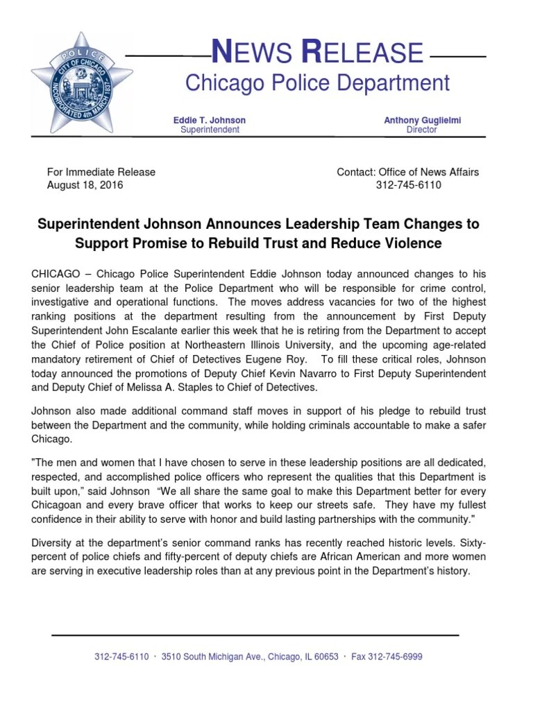Chicago Police Leadership Changes | PDF | Chicago Police Department | Commander