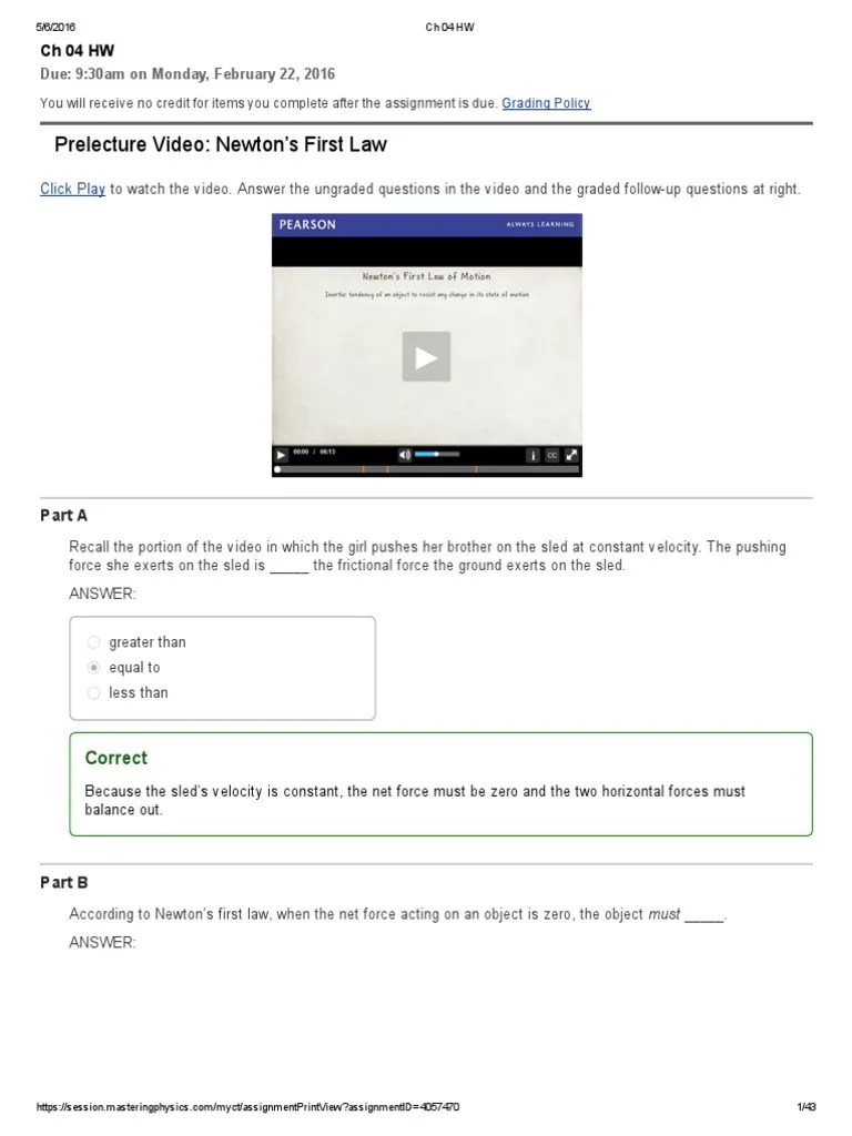 Mastering Physics CH 04 HW College Physics I LCCC | PDF | Acceleration | Force