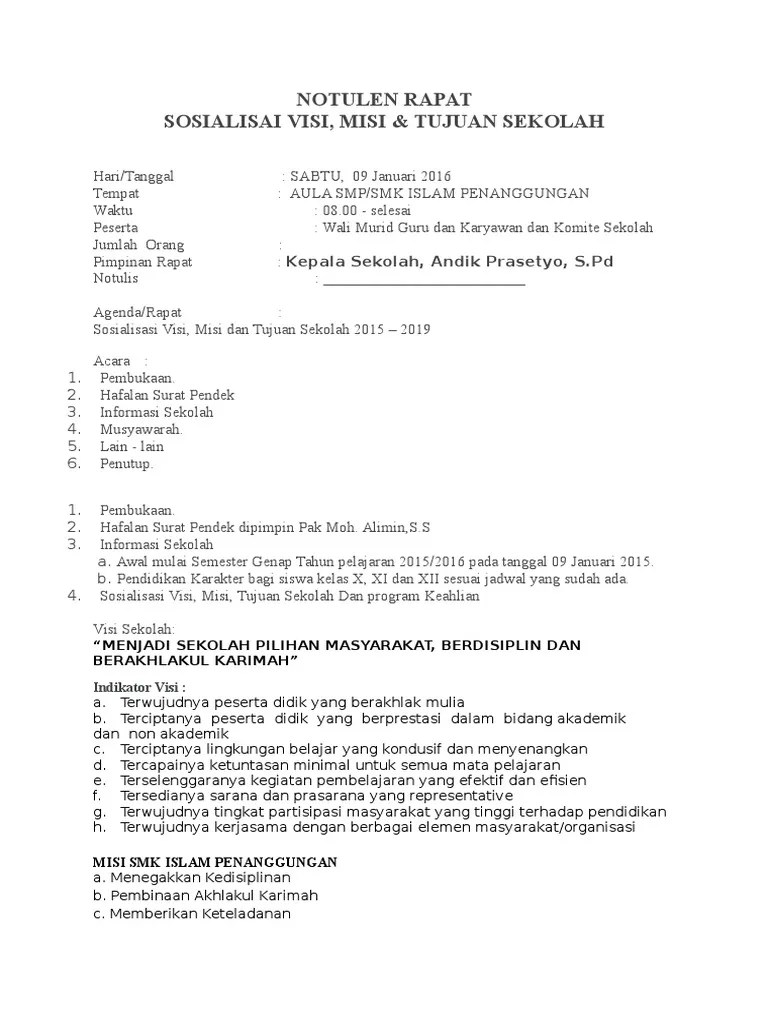 Contoh Notulen Rapat Perumusan Visi Misi Sekolah - Delinewstv