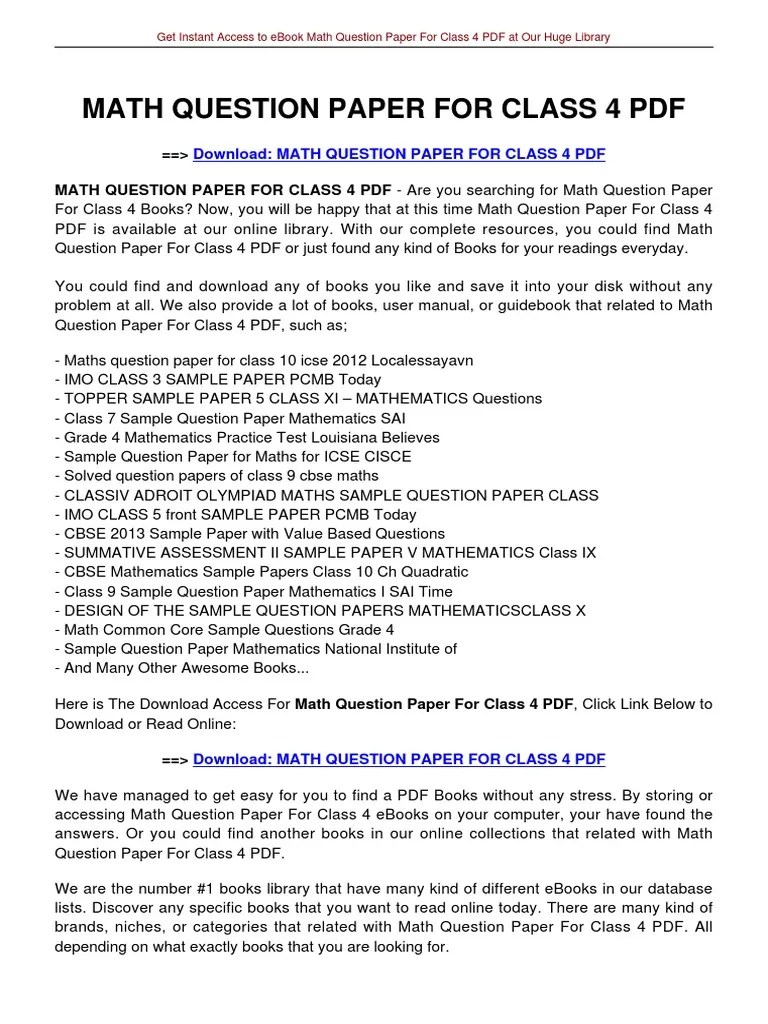 Maths Question Paper For Class 4 | E Books | Libraries