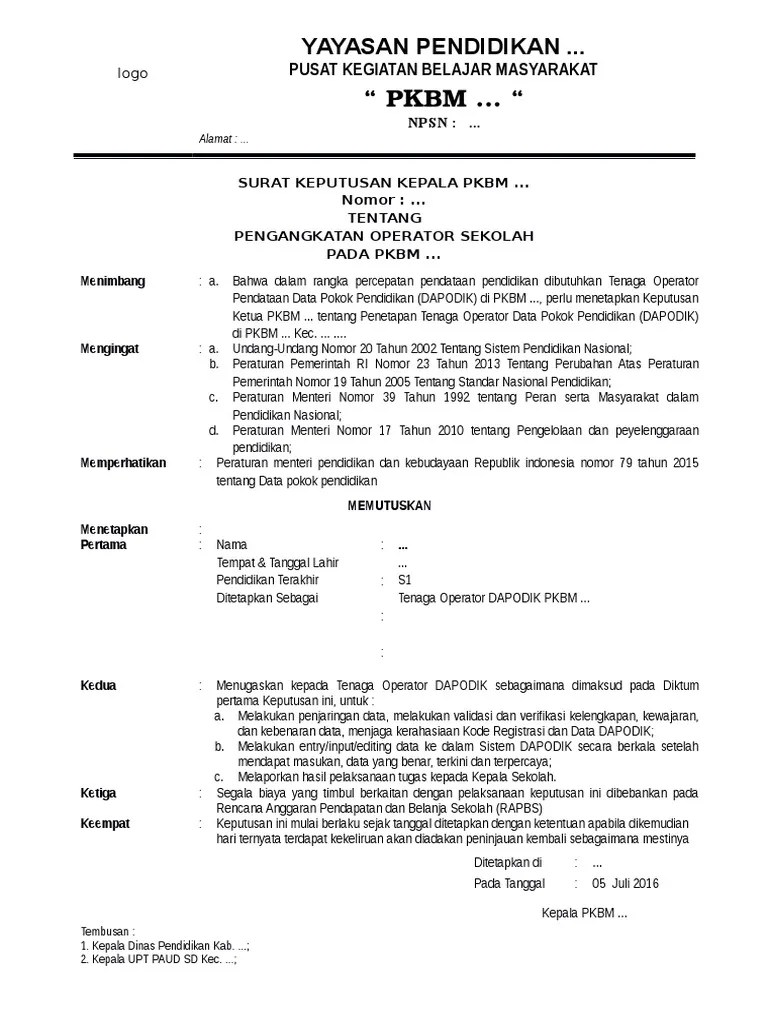 Contoh Sk Pengangkatan Ketua Pengelola Pkbm Pdf 