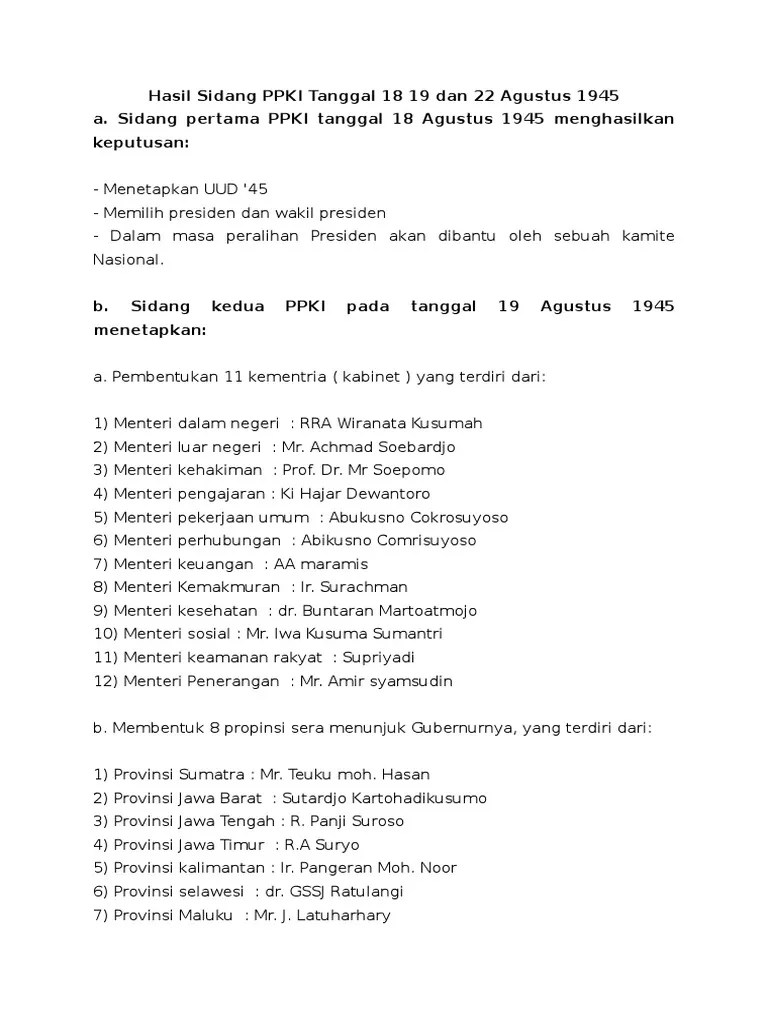 Hasil Sidang Ppki Tanggal 18 Agustus 1945 - Berbagi Informasi