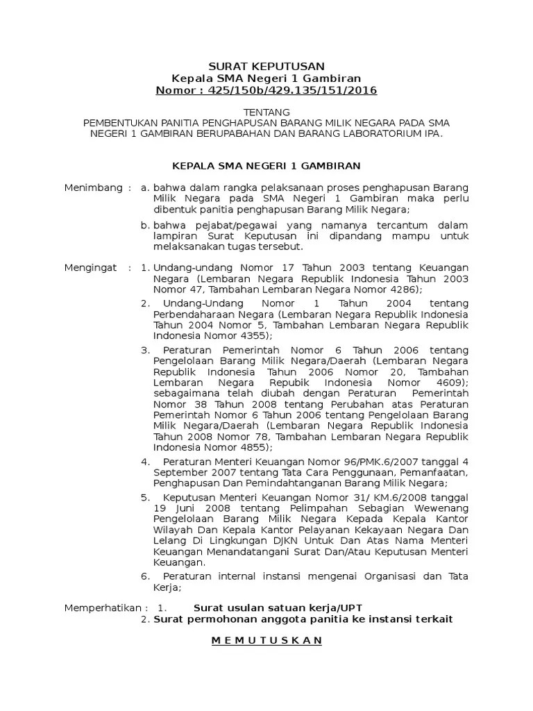 Penghapusan barang milik daerah (bmd) kabupaten demak diatur di dalam. Contoh Surat Keputusan Penghapusan Barang Milik Negara Surat Terbaru 2020