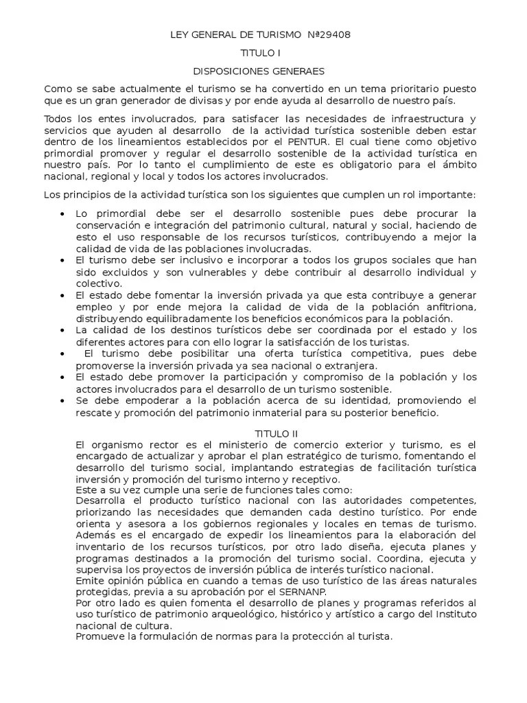 Ley General De Turismo N 29408 | PDF | Turismo | Sustentabilidad