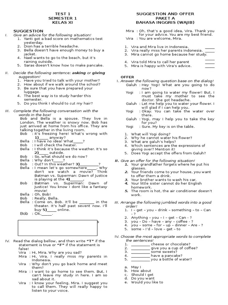 Latihan soal soal bahasa inggris kelas 8 chapter 3 : Soal Suggestion And Offer Pdf Leisure