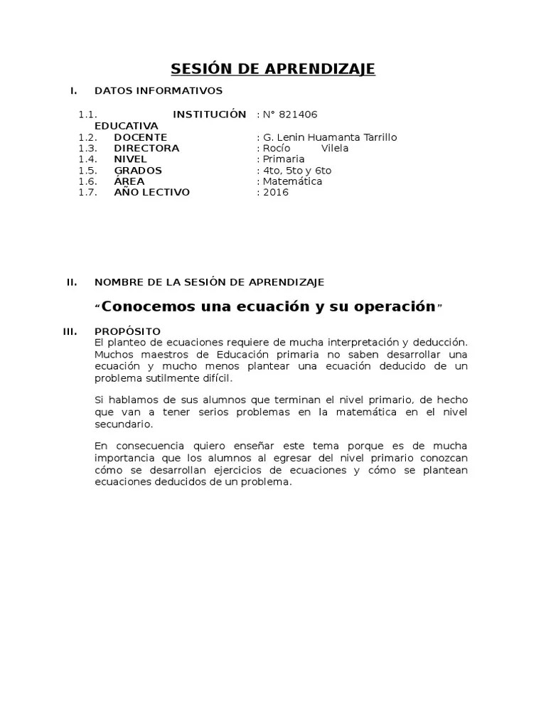 Sesión De Aprendizaje: Ecuaciones 6to Grado | PDF | Educación Primaria | Ecuaciones