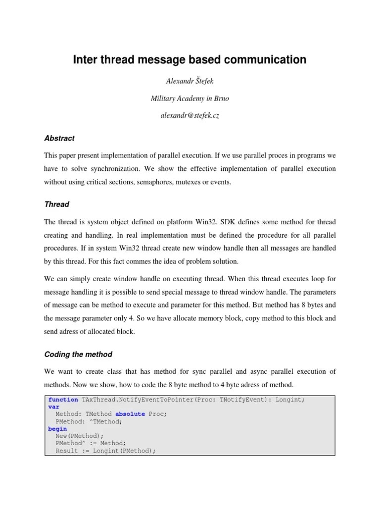 Inter Thread Message Based Communication: Alexandr Štefek Military Academy In Brno Alexandr ...