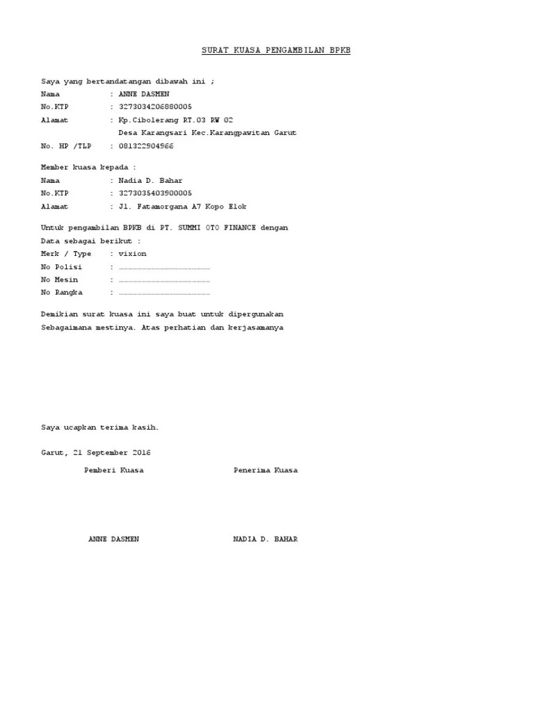 Contoh Surat Kuasa Pengambilan Bpkb Nusagates 