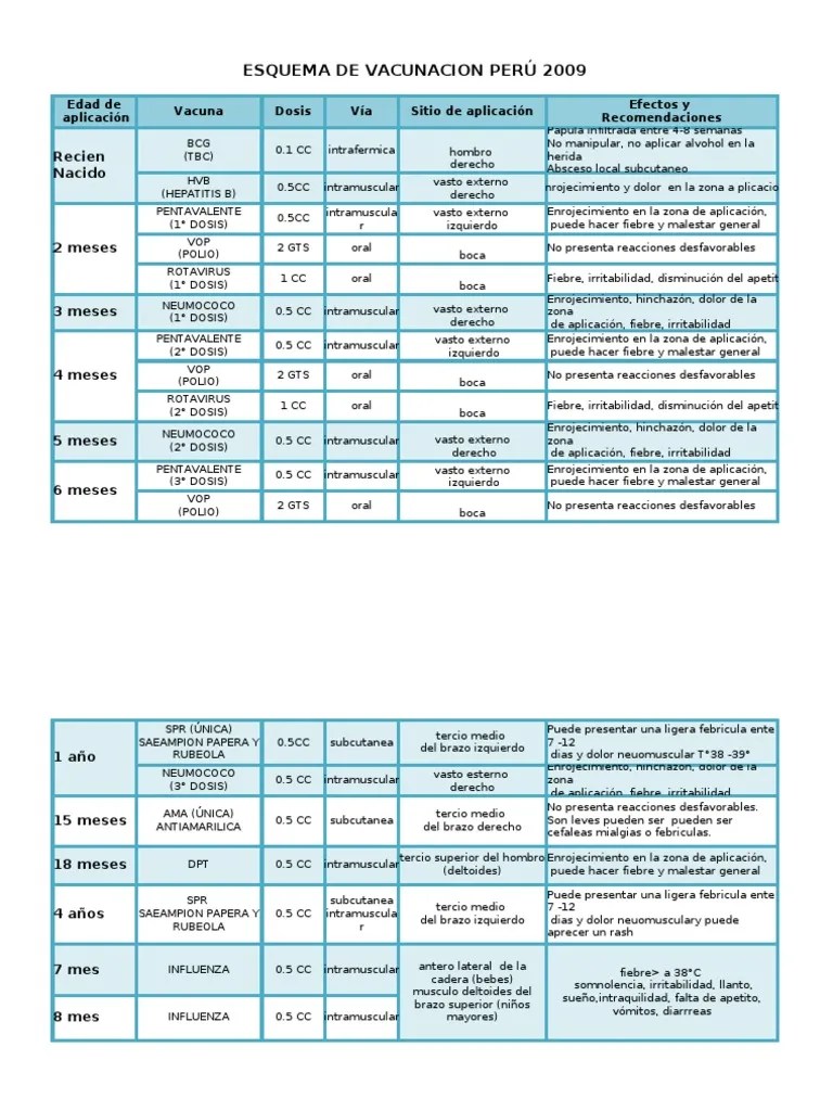 Esquema De Vacunacion Peru 2009 | Salud Pública | Vacunación